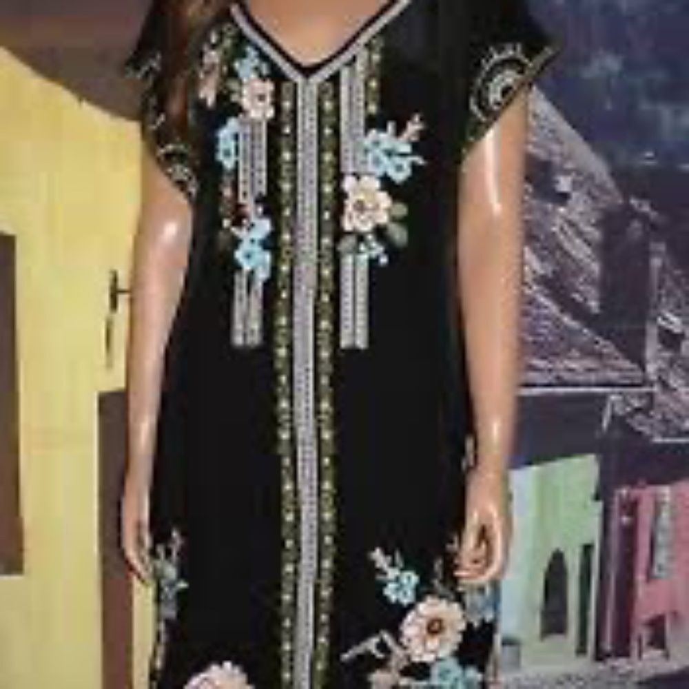 Sundance Worldly Garden Black Embroidered Cap Sleeve Midi Dress Sz S